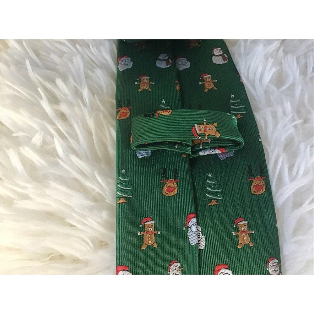 Green Christmas Neck Tie 3 Inch Silk Santa Reindeer Holiday Party